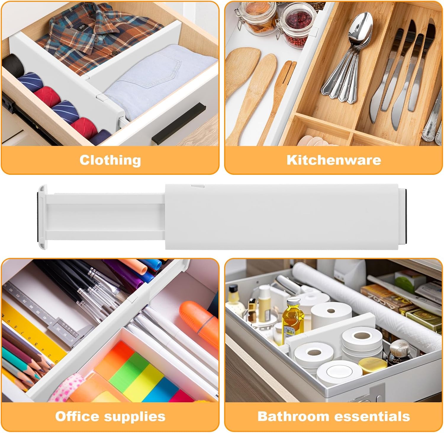 5 Pack Drawer Dividers, 4 Inch High Adjustable Dresser Drawer Organizers, Expandable from 14.8-22 inch Separators for Clothes, Kitchen, Office, Bathroom Organization, White